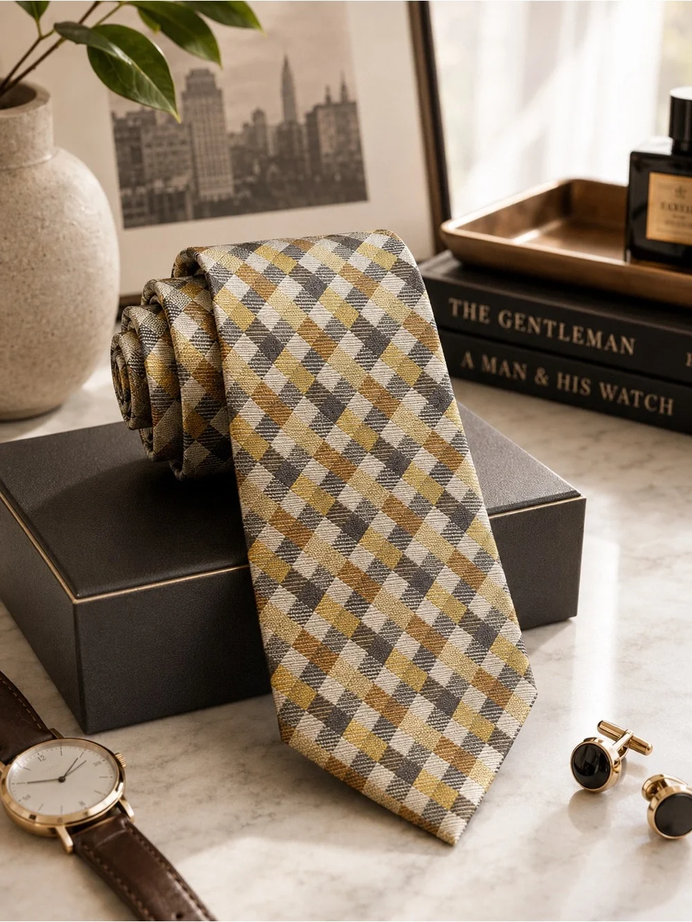 Croft & Barrow Silk Tie Gold Gray Geometric Office Career Neck Tie NWT